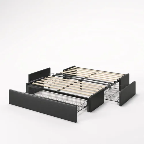 Vista 8 de SHA CERLIN Base de cama moderna de plataforma completa con 3 cajones de almacenamiento, diseño de panel lateral de ala, tapizado de piel sintética