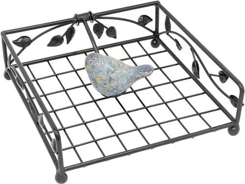 Vista 4 de OwlGift Collection - Soporte para servilletas plano de metal con revestimiento negro con pájaro de cerámica, cocina y encimera, organizador