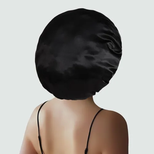 Vista 5 de 2 piezas de gorros de satén extra grandes para dormir de 17 pulgadas, gorro de seda jumbo para mujeres (negro y morado)