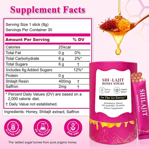 Vista 7 de Palitos de miel Shilajit para mujer, palitos de miel de fresa con miel orgánica, shatavari y azafrán, sabor terroso y aromático, pajitas Shilajit