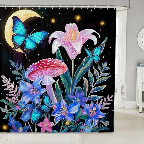 Vista 17 de Erosebridal Cortina de baño psicodélica, verde azulado, azul, morado, juego de cortina de ducha para niños y niñas, cortina de ducha exótica