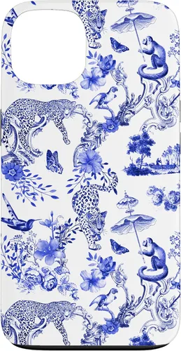 Vista 7 de French Blue Toile Chinoiserie with Flowers, Monkey, Leopards Case for iPhone 17