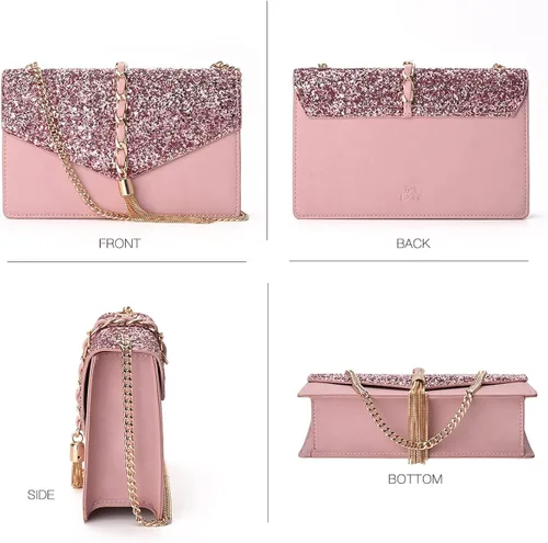 Vista 4 de GM LIKKIE Bolso de mano cruzado para mujer, bolso de noche con purpurina, borla de lentejuelas, bolso de boda para fiesta