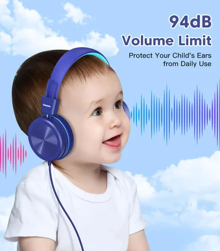 Vista 2 de Cowyawn - Auriculares infantiles, auriculares para niños con limitador de volumen seguro de 94 dB, auriculares escolares con cable para niños