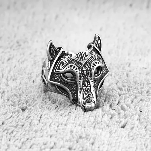 Vista 3 de Anillo de cabeza de lobo vikingo vikingo de acero inoxidable, nudo celta, amuleto pagano nórdico para hombres y mujeres