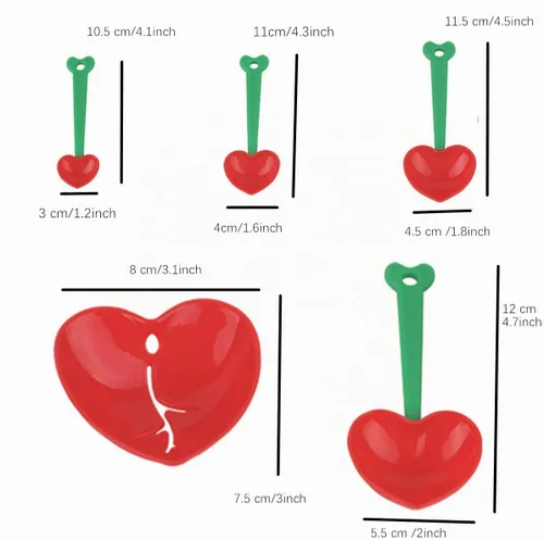 Vista 2 de Cucharas medidoras de cereza, 2 cucharaditas medidoras de plástico con forma de corazón, juego de cucharas medidoras de plástico para líquidos