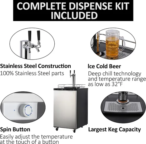 Vista 3 de Kegerator y enfriador de cerveza de barril, dispensador de cerveza de doble grifo, refrigerador de barril de tamaño completo con estantes, acero