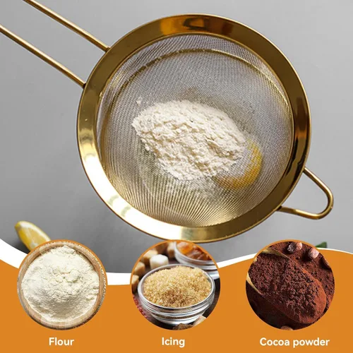 Vista 3 de Juego de 3 coladores de malla fina, colador dorado para exprimir jugo de acero inoxidable, juego de 3 coladores de malla fina con asa para cocina