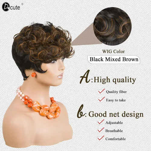 Vista 3 de DOcute Pelucas cortas de corte Pixie para mujeres negras, peluca Pixie negra y marrón, pelucas cortas rizadas con flequillo, peluca corta