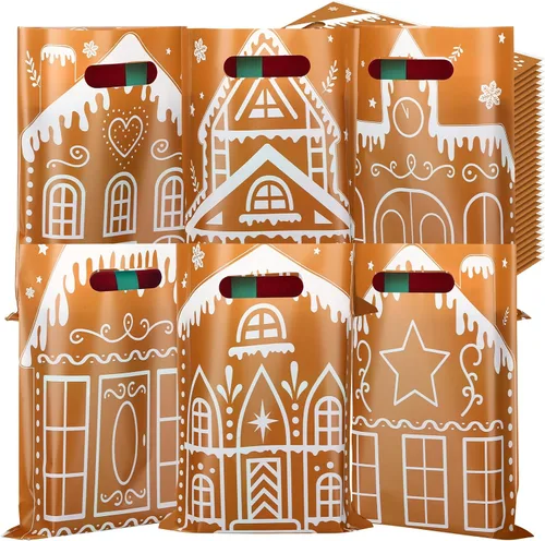 Vista 8 de Sinmoe - 200 bolsas de plástico navideñas de 9 x 12, colores mezclados Con asas, reutilizable para fiestas minoristas de caramelos, diseños