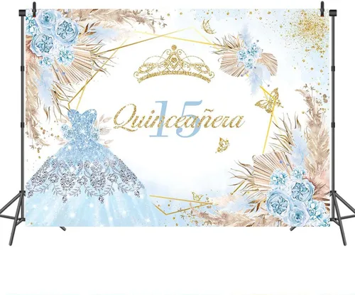 Vista 3 de Mocsicka Quinceanera - Telón de fondo de cumpleaños número 15, para mujeres y niñas, bohemio, elegante, flores rosadas, fondo de vinilo bohemio, Azul