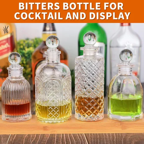 Vista 6 de Bitters Bottle for Cocktails Juego de 4 botellas de vidrio con tablero de salpicadero, ideal para camarero, bar en casa