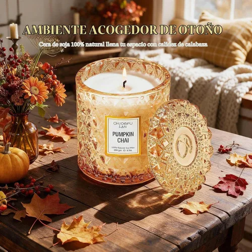 Vista 3 de Chloefu LAN Velas de calabaza Chai para regalo de Halloween, velas de granja para el hogar, tarro de soja perfumado de lujo con hasta 55 horas