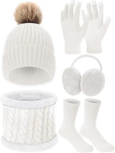 Vista 8 de Conjunto de 5 piezas para mujer de gorro, guantes y bufanda de invierno cálido, gorro de punto para salidas de esquí, gorro con pompón, calentador