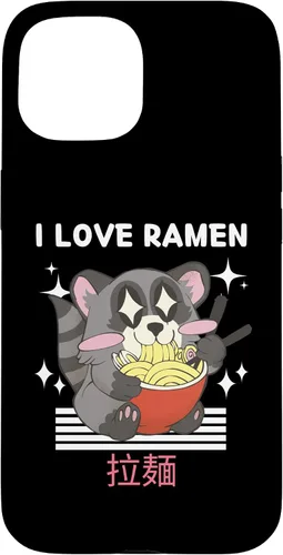 Vista 6 de iPhone 16 I Love Ramen Cute Kawaii Raccoon Eats Ramen Japanese Anime Case