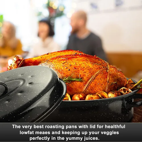Vista 6 de Sartén para asar pavo ovalada esmaltada de 14.6 pulgadas con tapa abovedada, regalo para la madre, cubierta, antiadherente, libre de productos