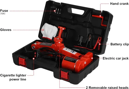 Vista 5 de TYAYT Gato eléctrico para automóvil de 2 toneladas y 12 V para automóvil, sedán y SUV, gato eléctrico portátil para reemplazo de neumáticos (rojo)