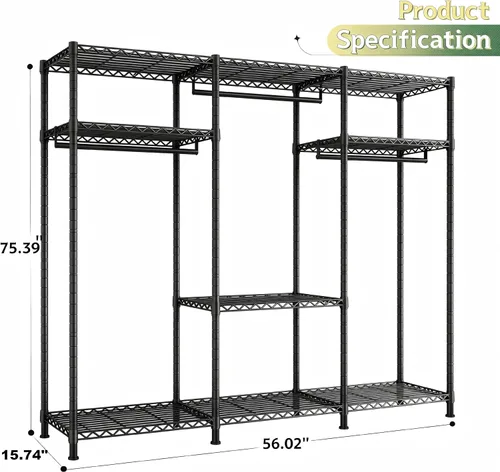 Vista 8 de Raybee Perchero resistente con carga de 800 libras, percheros ajustables para colgar ropa, perchero con estantes para dormitorio, sótano 56 pulgadas