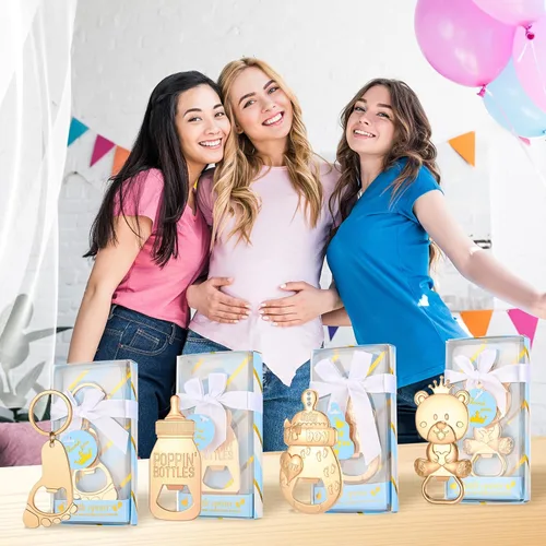 Vista 8 de Abrebotellas de bebé, 24 piezas, llavero con huella de oso y niño, abrebotellas con caja de regalo azul, recuerdos de fiesta de baby shower