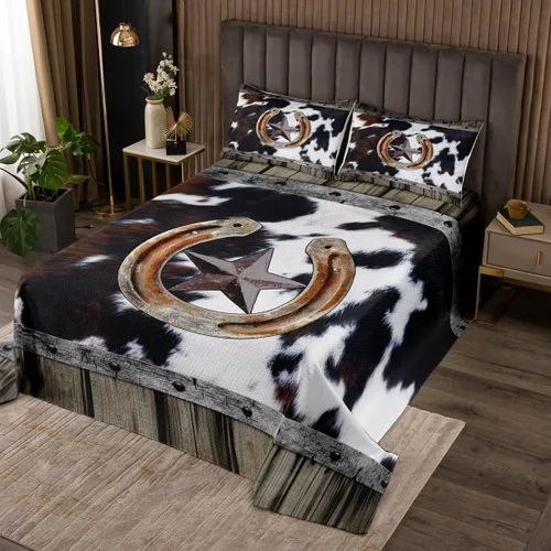 Vista 12 de Colcha de caballo de girasol, tamaño individual, ropa de cama acolchada de herradura con estrellas del oeste de Texas para cabaña rústica de granja