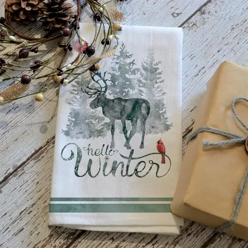 Vista 6 de Seliem Hello Winter - Juego de 2 toallas de cocina con diseño de pinos en acuarela, diseño de reno cardenal, azul y gris, para secar a mano, pájaro
