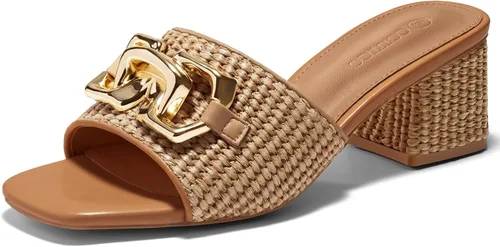 Vista 8 de Coutgo Sandalias de cuña con tacón grueso de rafía para mujer, con punta abierta, cuadradas, con cadena metálica, sin cordones, elegantes