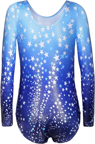 Vista 2 de Belovance Leotardos para niñas, gimnasia, ballet, baile, manga larga, brillante, sirena, mariposa, azul, rosa, Azul, verde