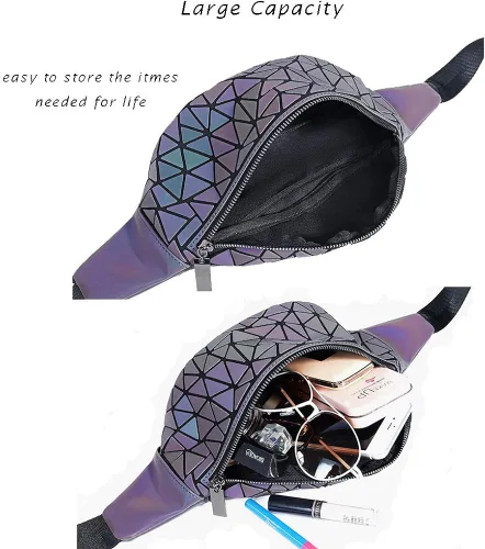 Vista 4 de Riñoneras para mujeres y hombres, bolsa holográfica luminosa para el pecho, paquete de cintura geométrica para viajes, festivales, correr, deportes