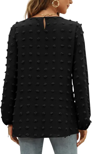 Vista 4 de XIEERDUO Blusas de gasa de manga larga con cuello redondo para mujer, blusas elegantes y holgadas con pompones