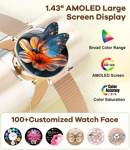 Vista 2 de Relojes inteligentes para mujer con llamadas/respuesta: reloj inteligente AMOLED de 1.43 pulgadas con pantalla táctil para teléfono Android
