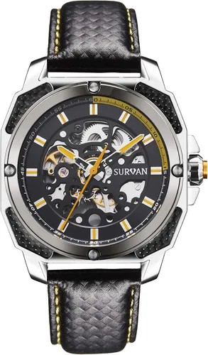 Vista 2 de SURVAN WatchDesigner Automatic Watch for Men Sapphire Crystal Mechanical Skeleton Wrist Watch Leather Strap
