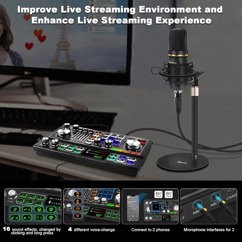 Vista 3 de Kit de equipo de podcast para 2, mezclador de audio con micrófono condensador e interfaz de audio con fuente de alimentación Phantom de 48V