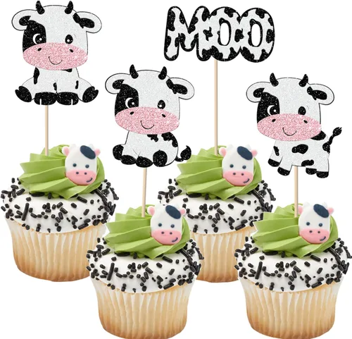 Vista 16 de Rsstarxi Paquete de 36 adornos para cupcakes con diseño de vaca, dos decoraciones para cupcakes de animales de granja con zoom de 2º cumpleaños