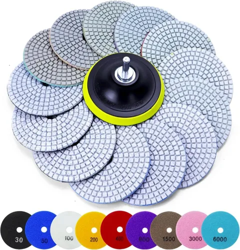Vista 15 de Almohadillas de Pulido de Diamante de 5 Pulgadas con Almohadillas de Respaldo de Gancho y Bucle de 5/8"-11, Kit de 10 Piezas de Herramientas
