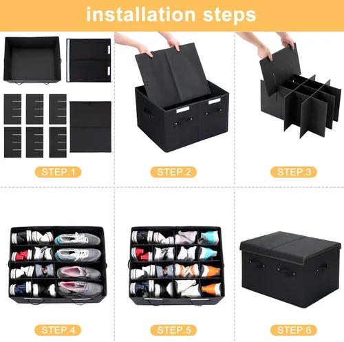Vista 8 de Organizador de zapatos para armario, caja de almacenamiento de zapatos plegable con divisores ajustables, gran contenedor de almacenamiento