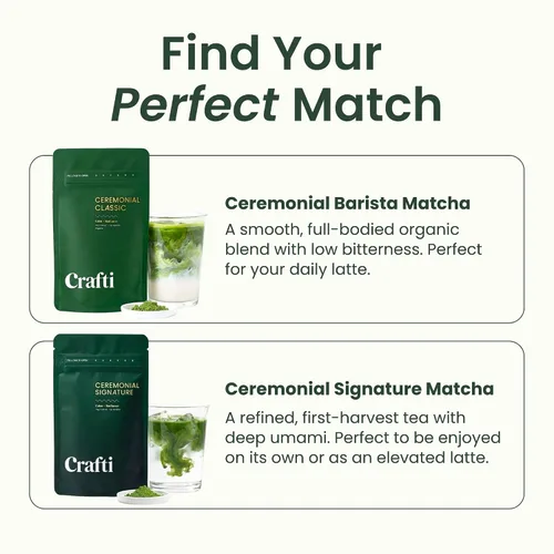 Vista 6 de Crafti Polvo de matcha de grado ceremonial (orgánico) – Polvo de té verde matcha japonés auténtico sin azúcar de Uji, Kyoto para lattes de grado
