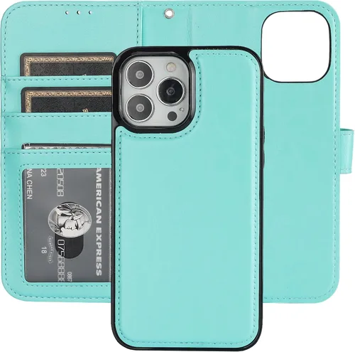 Vista 23 de Bocasal Funda tipo cartera desmontable para iPhone 13 Pro Max con bloqueo RFID, ranuras para tarjetas, soporte de cuero PU premium, soporte