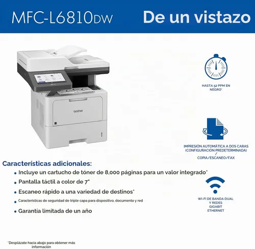 Vista 3 de Brother MFC-L6810DW Impresora láser monocromática empresarial todo en uno, gran capacidad de papel, redes inalámbricas, funciones de seguridad