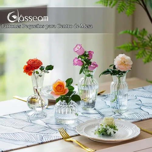 Vista 4 de Juego de jarrones de botones de vidrio transparente moderno: Glasseam 4 piezas de jarrones pequeños de flores para centros de mesa hechos a mano