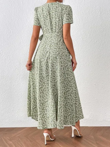 Vista 2 de OYOANGLE Vestido largo de manga corta con cuello en V y estampado floral bohemio para mujer