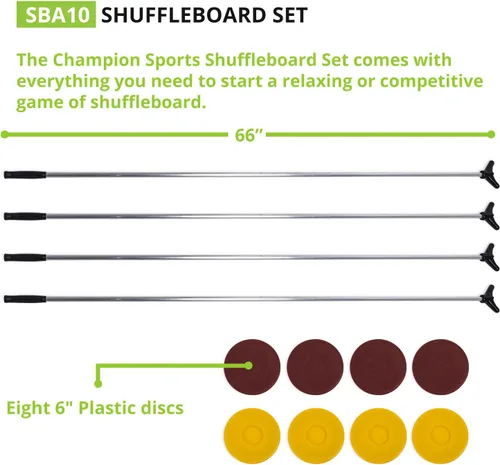 Vista 2 de Champion Sports Classic Group Games Shuffleboard Set: Champion Sports Indoor Outdoor 8 Puck 4 Cue Sticks Party Game, Yellow