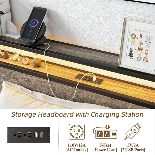 Vista 5 de BOFENG Base de cama individual con cabecera de madera y estación de carga USB, plataforma de metal resistente, marco de cama individual LED
