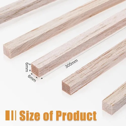 Vista 2 de Tiras de madera Balsa - Clavijas cuadradas de madera de 1/4 pulgadas, varillas cuadradas de 12 pulgadas de largo, clavija cuadrada de madera sin