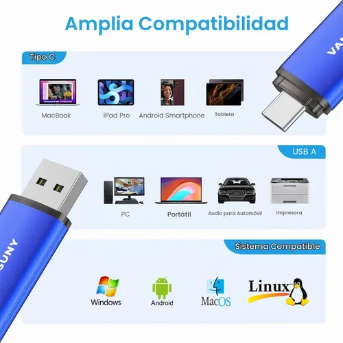 Vista 6 de Vansuny Unidad flash USB tipo C de 32 GB 2 en 1 USB A + cinta C OTG Flash Drive para Android Smartphone Tablet Computadora Portátil (azul)