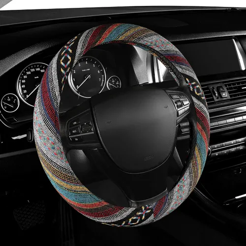 Vista 2 de GXT Manta Baja de 15 pulgadas para volante de automóvil, ajuste universal para la mayoría de los automóviles, estilo étnico, tela de lino gruesa