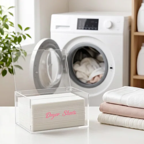 Vista 5 de Contenedor de hojas de acrílico para secadora para lavandería, dispensador de hojas de secadora con tapa para organización y decoración