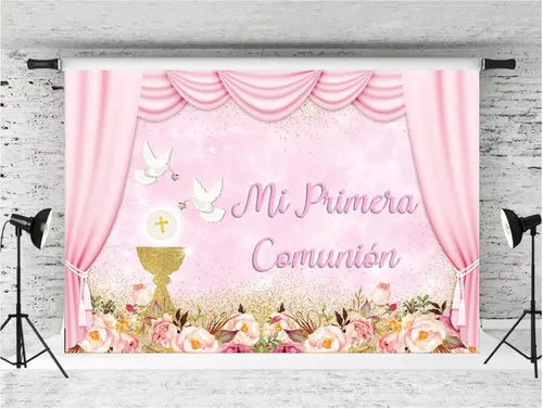 Vista 3 de Fondos de fotografía de niña bautizo Mi Primera Comunión Bautismo brillante Cáliz Cortinas de fondo decorativas de vinilo para estudio de fotografía