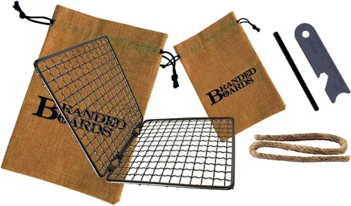 Vista 6 de Parrilla portátil de Bushcraft con rejilla para barbacoa de acero inoxidable, tabla de cortar de bambú, bolsa de arpillera, cuchillo mini, kits