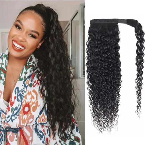 Vista 7 de Extensiones de cabello con ondas de agua para cola de caballo, trenzado humano, pegamento mágico Pony, extensiones de cabello humano brasileño