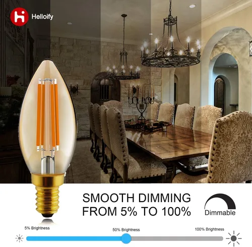 Vista 3 de helloify Bombilla LED Edison B11 regulable vintage, equivalente a 60 W, alto brillo, luz blanca cálida de 2500 K, vidrio ámbar, estilo Ámbar-2500k